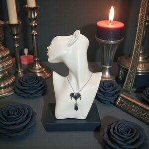 Vintage Goth Style Wings & Stone Pendant Necklace